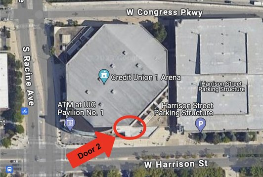 Door 2 is located at the southeast corner of the arena, east of the main entrance located at Harrison & Racine and across the alley from the Harrison St parking garage entrance.